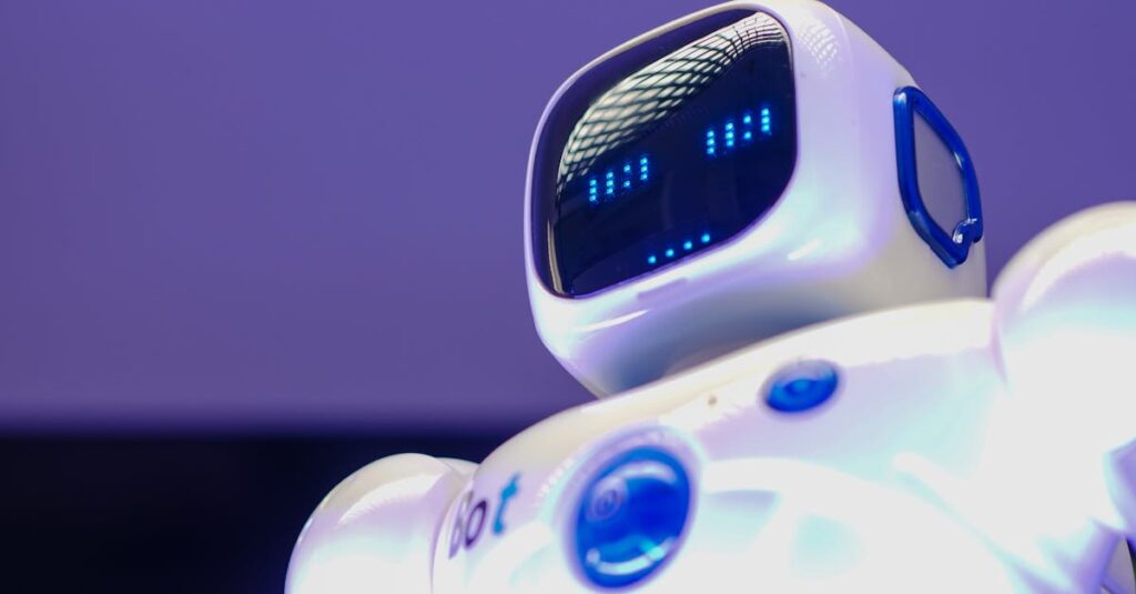 A modern humanoid robot with digital face and luminescent screen, symbolizing innovation in technology.